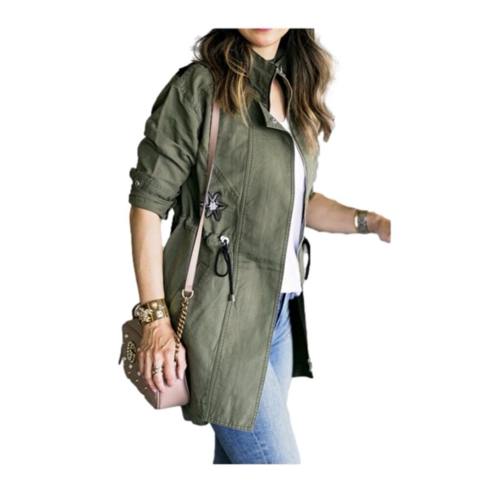 Cabi Hanson Anorak Utility Jacket Embroidered Sequined Birds Small Green 3371 XS